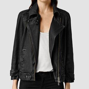 Allsaints Ryder Coated Waxed Denim Leatherlook Cotton Jacket Size US8